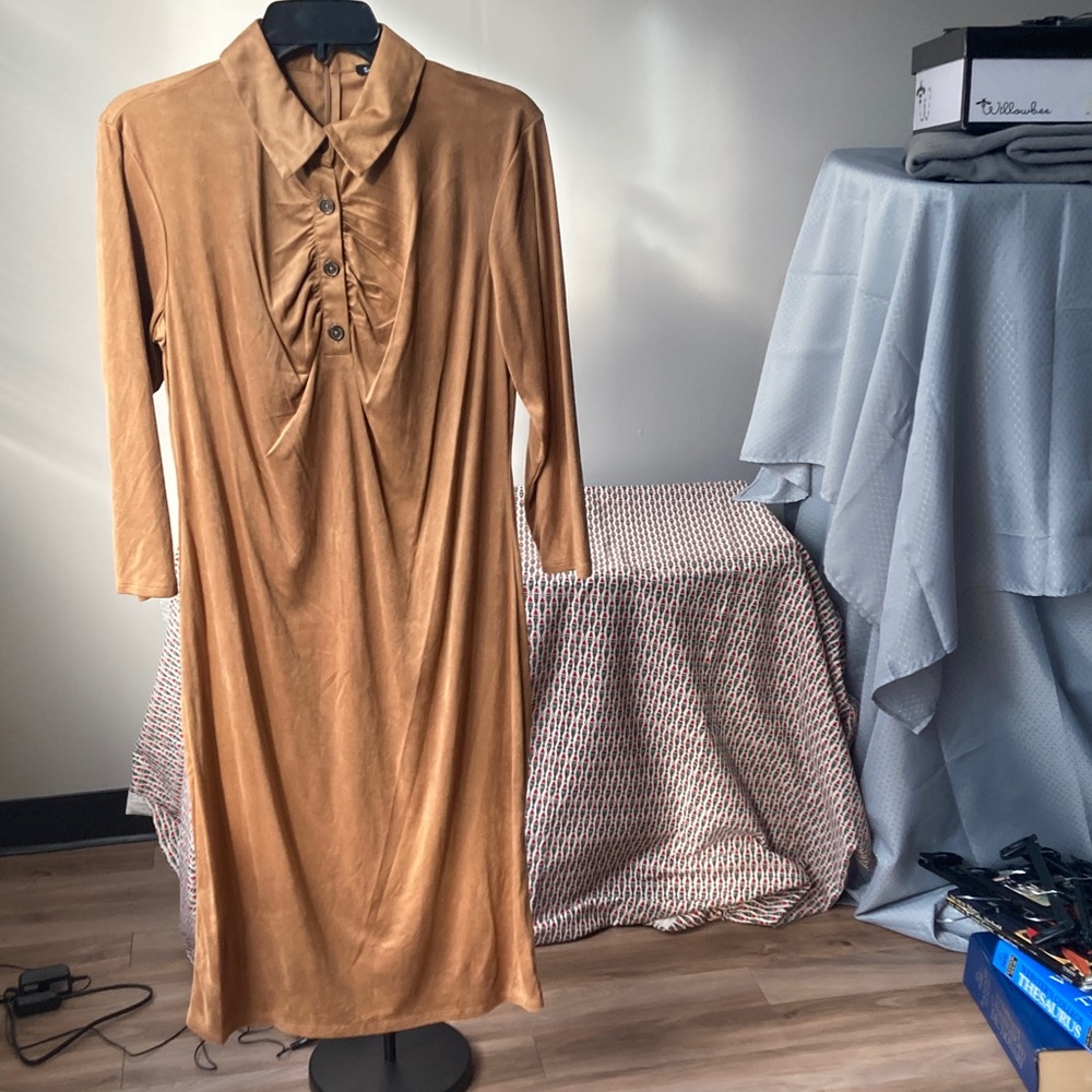 Sami & Jo dress collared camel colored casual boho office neutral business L - Picture 12 of 17